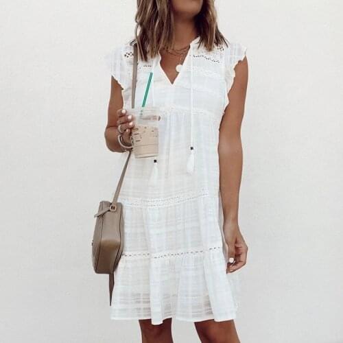 Spring V Neck Drawstring Tassel Mini Dress Women Elegant Crochet Lace White Party Dress Summer Butterfly Sleeve Hollow Out Dress