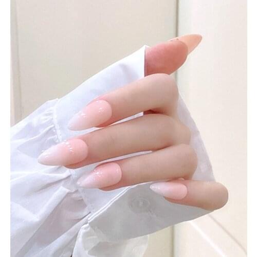 24Pieces Full Set Presson Long Pink Stiletto French Fake Fingernail Jelly Gel Stick on Nails JP1808-B3