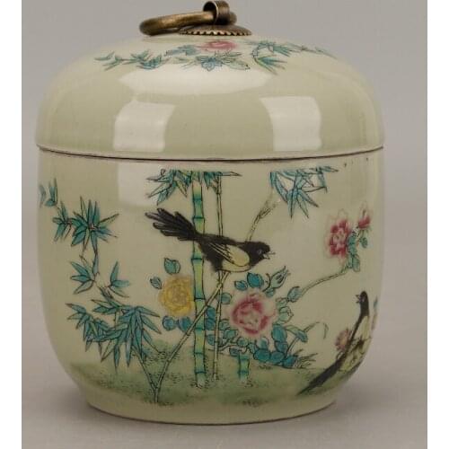 5.1" Chinese Famille-rose Porcelain Flower Bird Bamboo Tea Canister Pot Kettle J