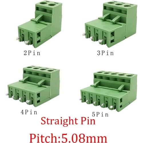 5Pairs/10Pcs 2EDG 2/3/4/5Pin PCB Screw Terminal Block Wire Connectors 300V10A 5.08mm Pitch Straight Pin Plug-in Socket Adapter