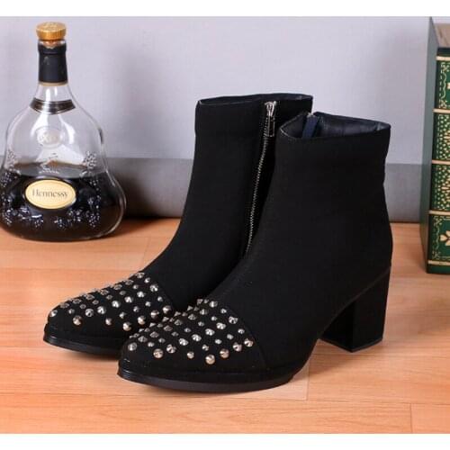 Christia Bella Designer High Heel Men Ankle Boots Suede Leather Rivets Party Boots Nightclub Male Jazz Dance Chunky Heel Boots