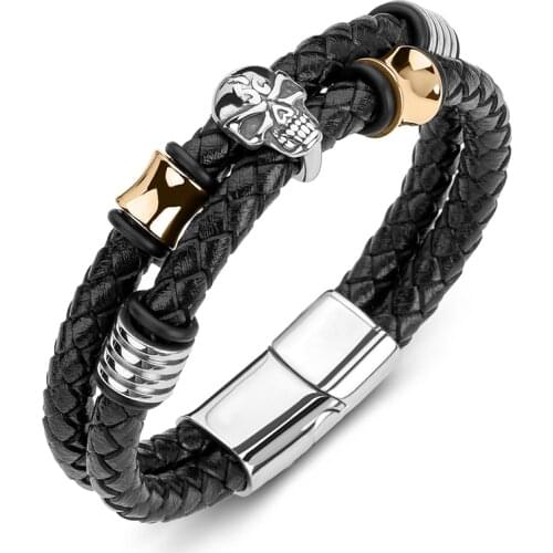 Double Layer Genuine Leather Braided Bracelets for Men Stainless Steel Skull Punk Bangles Skeleton Jewelry Male Wrist Band P188