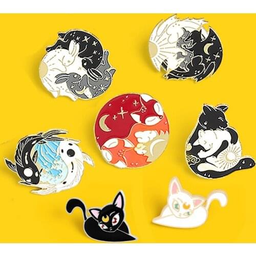 Day and Night Enamel Pins Custom Luna Cat Black White Fox Koi Rabbit Bat Wolf Brooch Bag Clothes Lapel Pin Badge Animal Jewelry