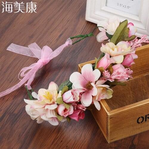 Haimeikang Handmade Artificial Flower Women Girl Princess Crown Headband Wedding Bridal Fabric Floral Veil Hair Wreath Garlands