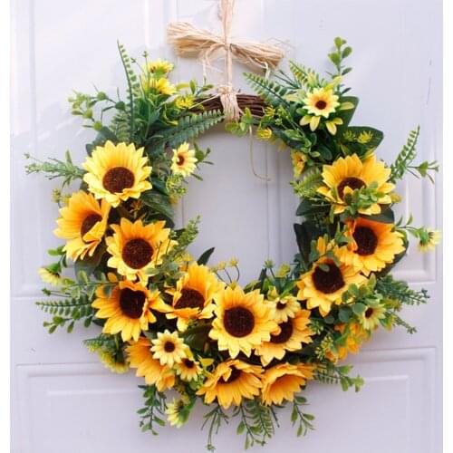 Artificial Yellow Sunflower Wreath With Green Leaves For Front Door Indoor Outdoor Wall Wedding Home Decoration