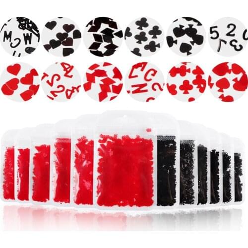 Poker Nail Art Sequins Red Black Playing Card Designs Nails Decorations Heart Diamond Spade Shape Flakes Slice Nails Accessories