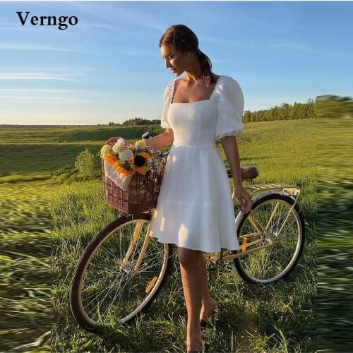 Verngo Short Full Lace Wedding Dresses Puff Sleeves Square Neck Country Above Knee Bride Party Gowns Chic Women Cloth 2021
