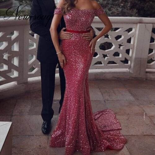 Fashion Shiny Sequins Prom Dresses Newest Couture Dubai Pageant Evening Dress Mermaid 2020 Arabic Formal Gown Evening Wear Robes