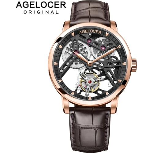 AGELOCER Swiss Original Top Brand Luxury Skeleton Black Dial Mechanical Sapphire Mens Brown Leather Strap Mens Tourbillon 9001D2