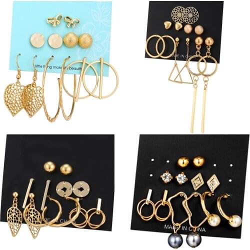 17KM Fashion Geometric Gold Color Stud Earrings Set For Women Girls Metal Elephant Moon Letter Earring Handmade Female Jewelry