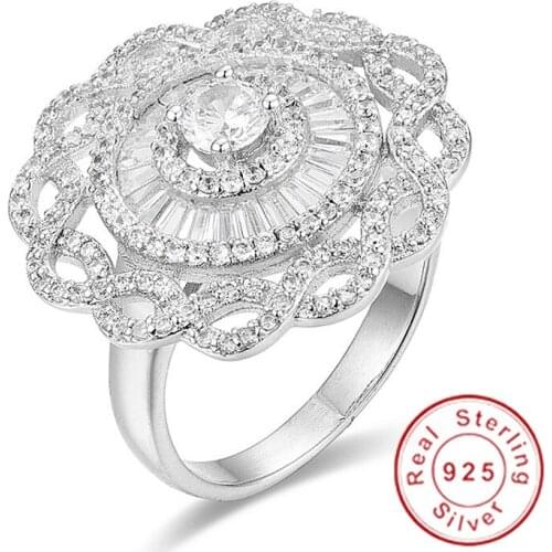 Luxury Flower 925 Sterling Silver Female jewelry Big Sparkling Simulated Diamond CZ Ring Cocktail ring for Women gift size 5-10