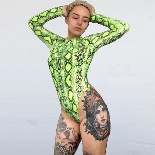 ZHYMIHRE Sexy Neon Green Snake Print Bodysuit Women Jumpsuit Long Sleeve O Neck Female Body 2021 Summer Femme Serpentine Overall
