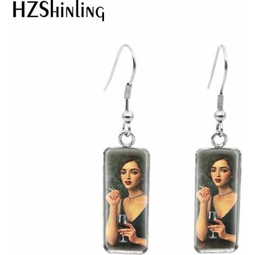 2020 New Wine Bar Sexy Woman Earring Abstract Art Rectangular Hook Earrings Glass Cabochon Jewelry Handmade