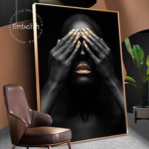 Embelish 1 Pieces Black African Sexy Woman With Golden Fingers HD Canvas Paintings For Living Room Home Decor Wall Art Pictures