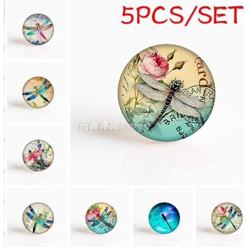 5PCS/SET Vintage Glamorous dragonfly Glazed Glass Dome Fashion Art 25MM Handmade Illustration Jewelry Crafts Gift Glass Jewel