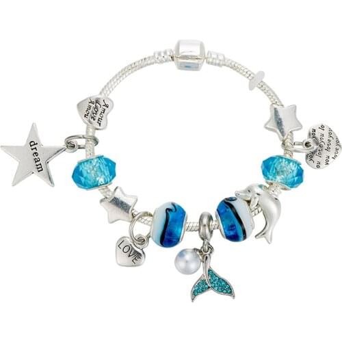 VIOVIA New Arrival Chain Women Bracelet Mermaid Bead Charm Bracelet Blue Dolphin Bangle Luxury Fit Original Jewelry DIY Gift