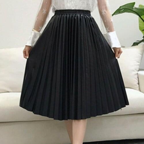 PU Leather Skirt Women High-waist Pleated Skirt Casual Winter Autumn Big Swing Skirts Solid Color Long Skirts jupe longue