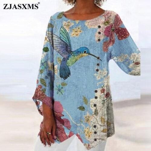 5XL Spring Retro Animal Birds Printed Blouse Shirts Women Elegant O Neck Button Irregular Tops Autumn Long Sleeve Loose Pullover