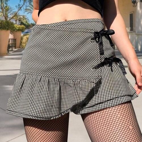 Lady Half-length Skirt Slim Lace Strap A-Shape Short Skirt Y2K Short Skirt Sexy Houndstooth Lace Lace Stitching All-match Skirt