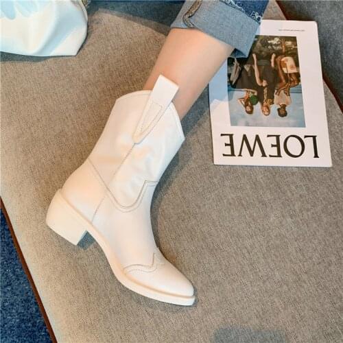 2021 Winter Fashion Women Shoes Slip-On Ankle Boots Western Women Boots Concise Pointed Toe Thick Heels female shoes