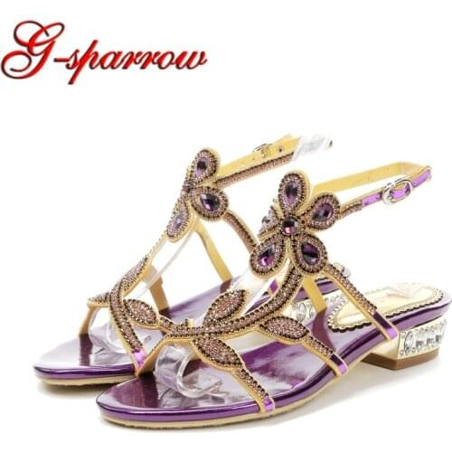Rhinestone Flats Shoes Women Ankle Straps Summer Sandals Comfortable Party Prom Flat Heel Shoes Purple Black Color Plus Size 43