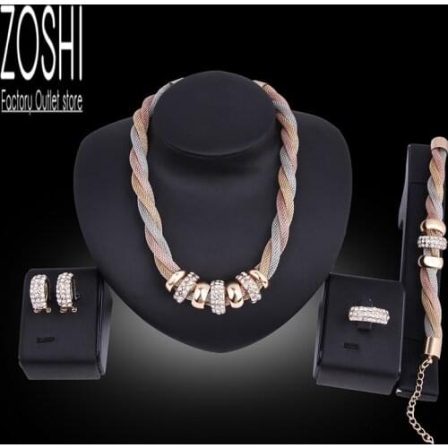 Women African Gold Circle Jewelry Set Wedding Twist Choker Necklace Ring Bracelet Crystal Earrings Bridal Dubai Jewellery Sets