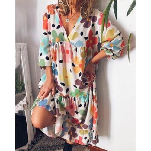 Women Dress Floral Print Half Sleeve Pleated Mid Dresses Fashion Bohemian Autumn V Neck Loose Ruffle Dress Plus Size 5XL