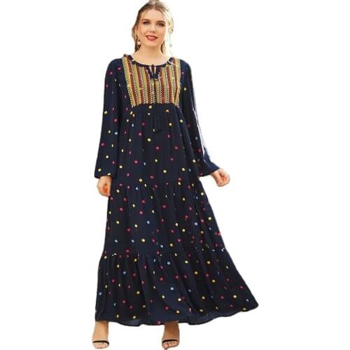 Women V-Neck Navy Blue Dress Fashion Muslim Abaya Robe Dot Long Sleeve Kimono Robe Plus Size Printed Causal Outfit Abaya