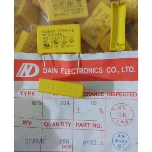 100% New and original40PCS 0.33UFK275V~X2 MPX/DAIN 0.33UF Safety regulation capacitance 334 330n P22.5