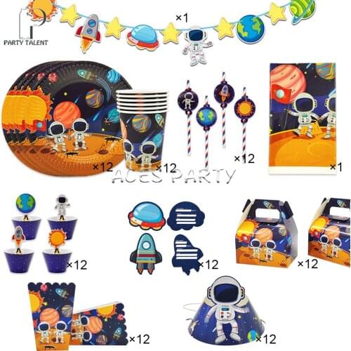 110pcs For 12 Kid Boy Astronaut Solar Space Theme Birthday Party Supplies Tableware Set Plate Glass Straw Banner Tablecloth Etc
