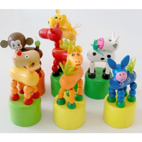 12Pcs/Set Wooden Animal Push up Press Moving Doll with Base Interactive Kids Toy Funny Children Gift