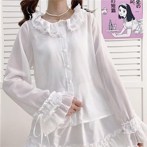 2021 New Summer Sweet Cute Soft Girl Thin Shirt Women All-Match Lolita Ruffle Long Sleeve Tops White Black Sun Shirts Female Tee