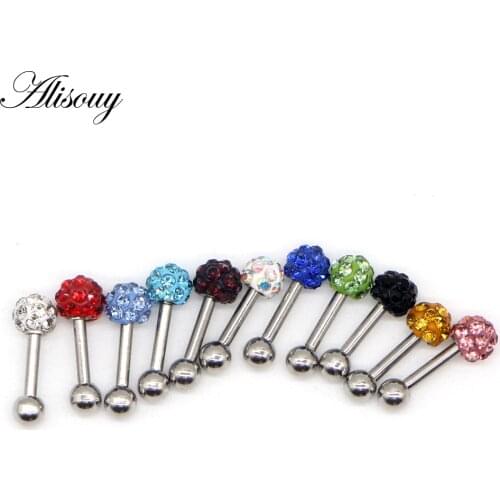 Alisouy 1Pc Epoxy Over Multi Crystal Ball Steel Tongue Bar Langue Piercing earrings Ring piercing ear jewelry for men women
