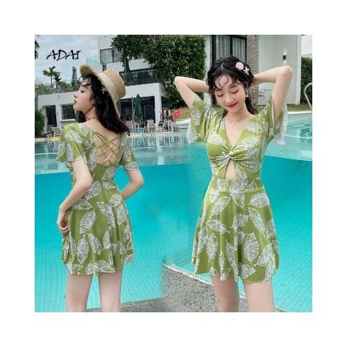 One-Piece Swimsuit Women Swimwear with Ruffles Skirt Suits Bikini Leaf Print Hollow Out Bathing Suits 2021 Swimming Beachwear