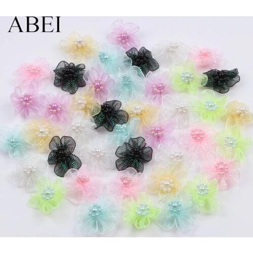30pcs 3cm Mesh Pearl Beads Flowers DIY Shoes Hats Clothes Jewelry Decorative flowers Silk Rose Wedding Party Decoration