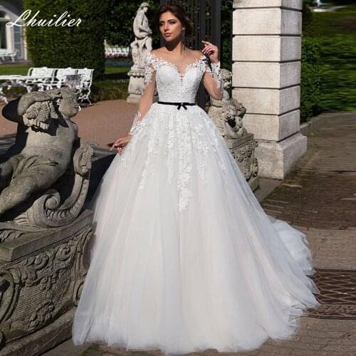 Lhuilier Elegant A Line Full Sleeves Lace Wedding Dresses 2021 Lace Appliques Floor Length Bridal Gowns Court Train with Belt