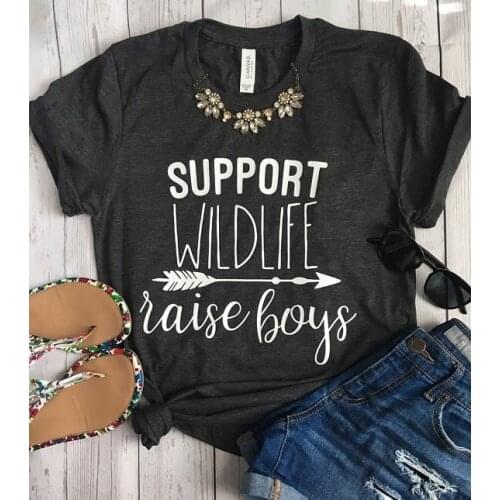 Womens T Shirt Support Wildlife Raise Boys Letters Printed Women O-Neck Casual Funny T-Shirt Mom Shirt Mom Life Shirt