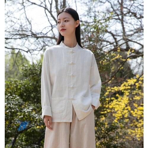Johnature Women Chinese Style Shirts Ramie Stand Collar Button Shirt 2021 Summer New Vintage Long Sleeve Loose Blouses