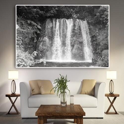 Black White Forest Waterfall Landscape Canvas Painting Posters and Prints Scandinavian Nordic Wall Art Picture for Living Room