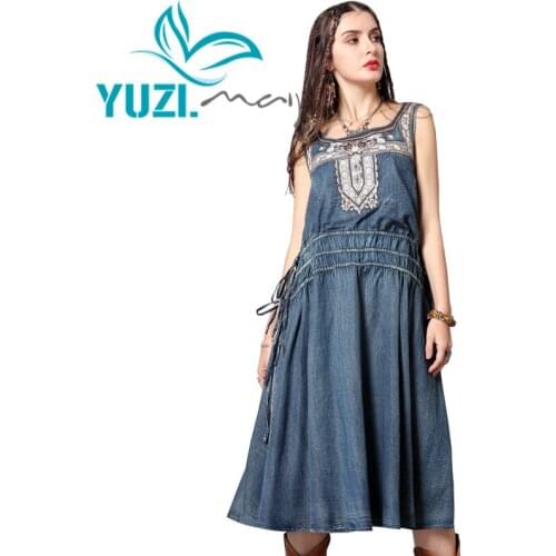 Summer Dress 2019 Yuzi.may Boho New Denim Women Dresses O-Neck Vintage Embroidery Adjustable Waist Sundress A82159 Vestidos