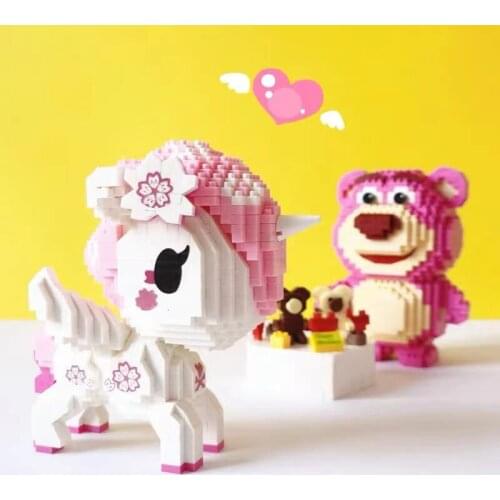 Cute Strawberry Bear Micro Building Blocks Cartoon Unicorn Mini Diamond Bricks Aminal Model Assemble Toys For Kid Birthday Gifts