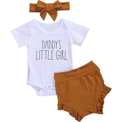 3Pcs Fashionable Baby Girls Outfit SweetSummer Short Sleeve Round Collar Letter Romper + Solid Color Lace Shorts + Headwear Set