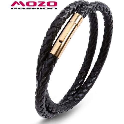 MOZO FASHION Men Charm Simple Classic Bracelets Leather Bracelets Gold Stainless Steel Spring buckle Bracelet Jewelry PS1004