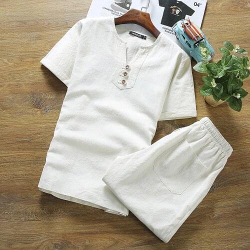 Summer 2021 Men Cotton Linen Set Solid Color Short-Sleeved T-Shirt Large Size Casual Set Male Fitness Refreshing Suit Hombre
