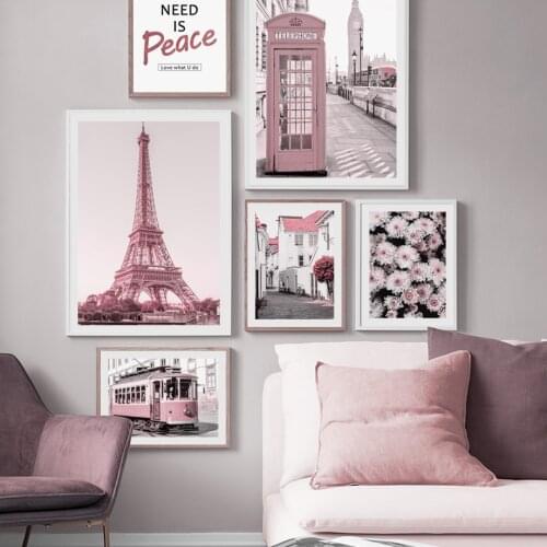 Pink City Bus Flower Building Tower Quote Nordic Posters And Prints Mural Art Canvas Painting Mural Living Room Decoration