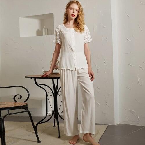 Wasteheart New White Sexy Women Cotton Lace O Neck Sleep Nightwear Suits Night Pajama Sets Sleepwear 2 Pieces Long Homewear