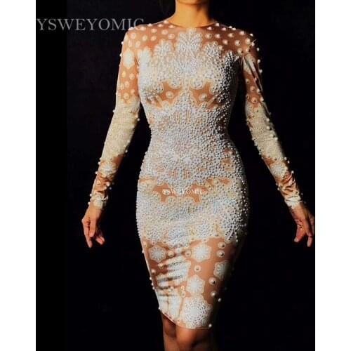 New White Snow Printed Luxury Pearls Long Sleeves Womens Birthday Celebrate Dress Singer Dance Nightclub Show Performance Wear