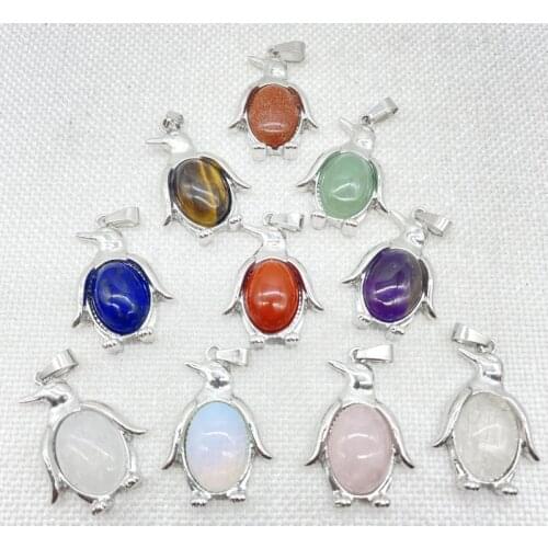 New Natural Gem Stone Quartz Crystal Amethyst cute Animal Penguin Archaize Silver Pendant For DIY Jewelry Making Necklace 10pcs