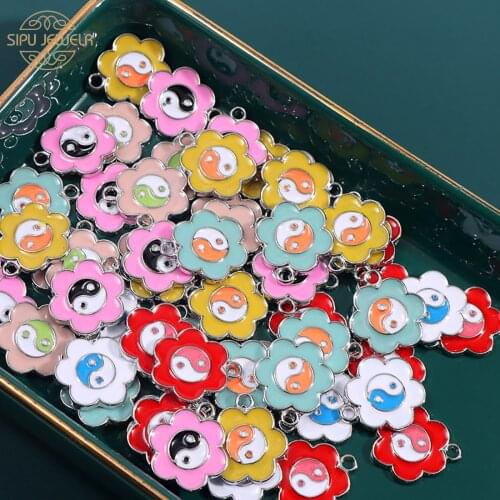 Multicolor 15x12mm Enamel Flower Charms Pendant Silver Color Alloy Bagua Yin Yang Tai Chi Charm For DIY Earring Making Accessory