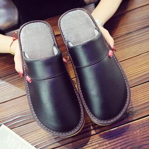 New Fashion Men PU Leather Soft Slippers Black Brown No-Slip Breathable Women Home Indoor Slippers Big Size 46